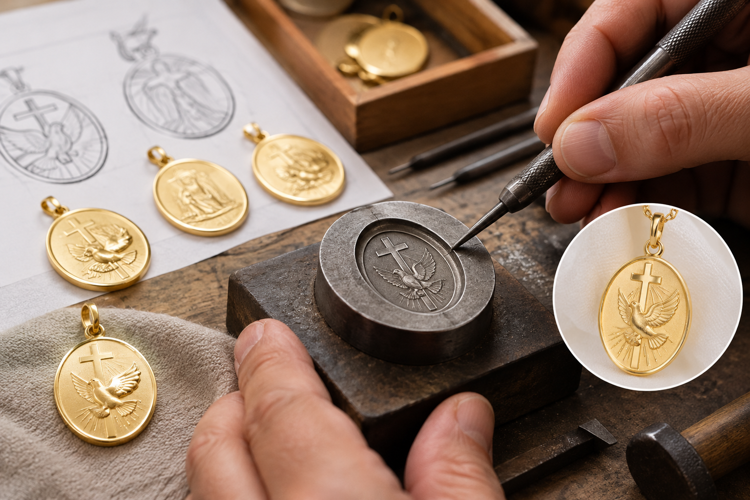 Atelier artisanal d’une médaille de baptême